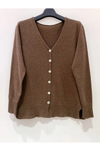FASHION Wool, Viscose & Cashmere Blend 3D Texture Cardigan with Buttons and Long Sleeves - Chocolate