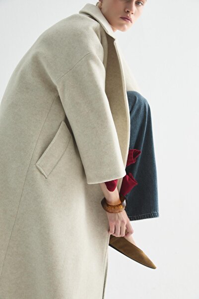 Zeyyen KAŞMİR DOKULU KUŞAKLI UZUN KABAN EKRU