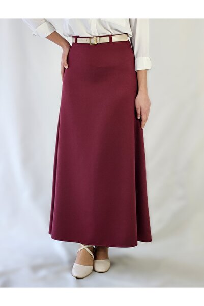 YAXİ Belt Detail Maxi Size Loose Bordo Woven Skirt