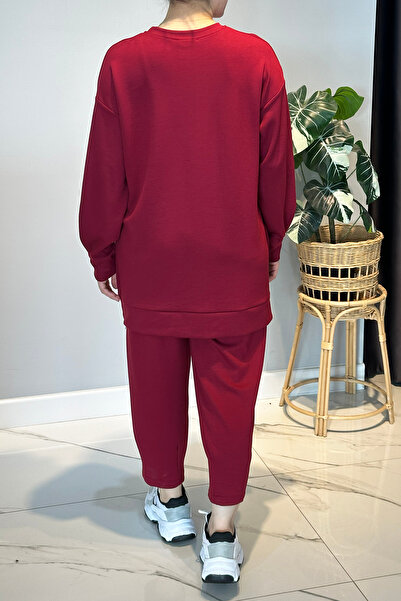 Lale Butik Combed Cotton Suit with Side Zipper Detail 2034 Claret Red