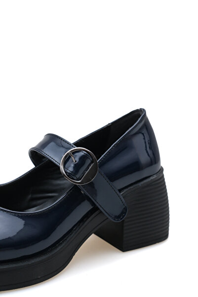 Shoesers Жіночі спеціальні дизайнерські туфлі на платформі з каблуком, витонченою пряжкою та ремінцем, синього кольору, з лакованої шкіри, балетки-лофери