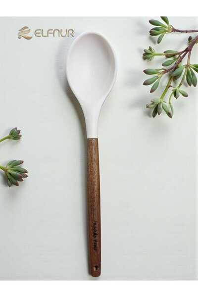 elfnur Acacia Handle Silicone Serving Food Spoon Hard Tip Heat Resistant Fireproof Non-Stick