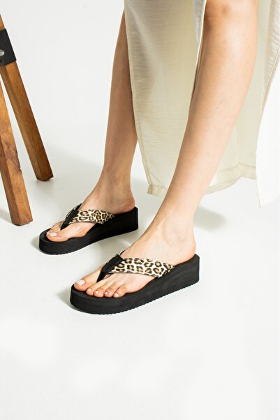 Evalupe Robin Platform Siyah Leopar Kadın Şık Parmak Arası Plaj Terlik Flip F...