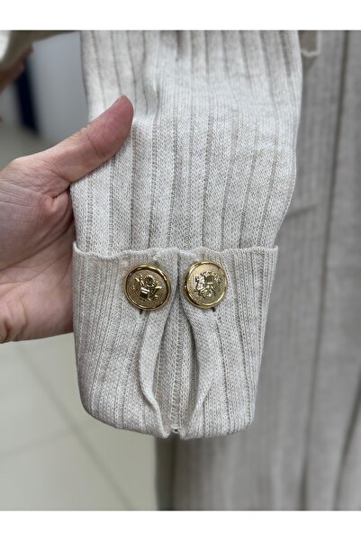 MİHRA STORE Alicia Double Pocket Sleeve Gold Buttoned Corded Fabric Long Cardigan-Zi̇5212 Stone
