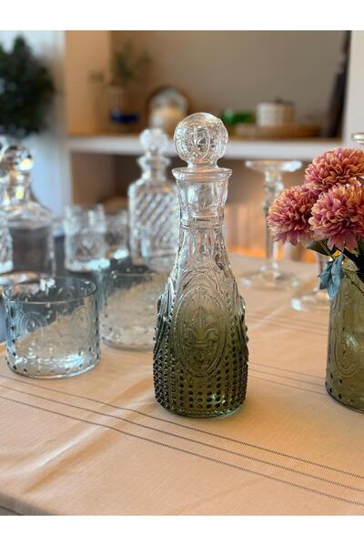 Miko Home & Garden Vintage Kabartma Desenli Cam Karaf – Yeşil Ombre Dekoratif Şişe