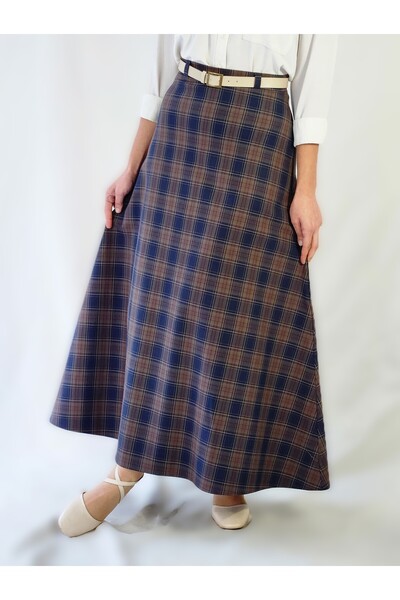 YAXİ Belt Detail Maxi Size Loose Plaid Woven Skirt