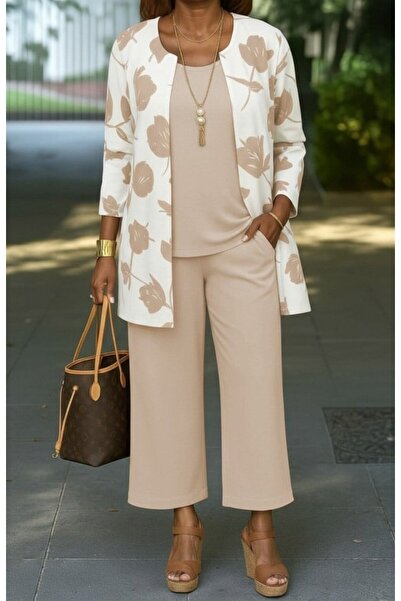 JANES Women's long sleeve open front modal jacket sleeveless viscose two-thread blouse and pants three-piece set