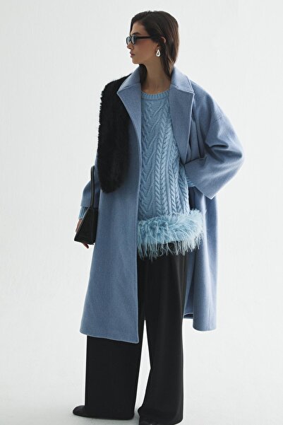 Zeyyen KAŞMİR DOKULU KUŞAKLI UZUN KABAN İNDİGO