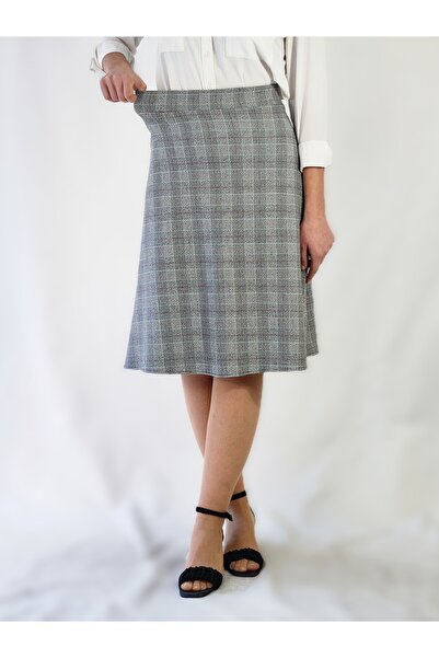 YAXİ Gray Plaid Flawless Skirt with Elastic Waist and Flawless Bottom