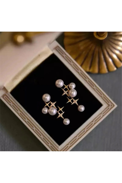 EKİDORA 2’li İnci Yıldız Küpe Kadın Zarif Takı, Günlük ve Özel Gün Aksesuarı