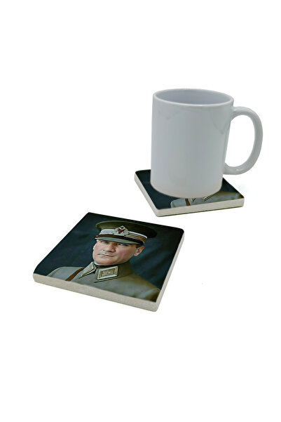 Sadrazam Ataturk Printed Natural Stone Coaster 10cm X 10cm |   Krt-102