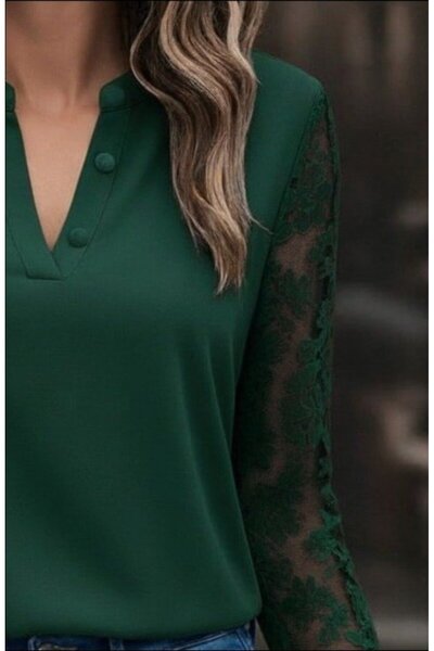 JANES Women's Long Sleeve Collar Button Detail Laced Sleeve Crepe Blouse