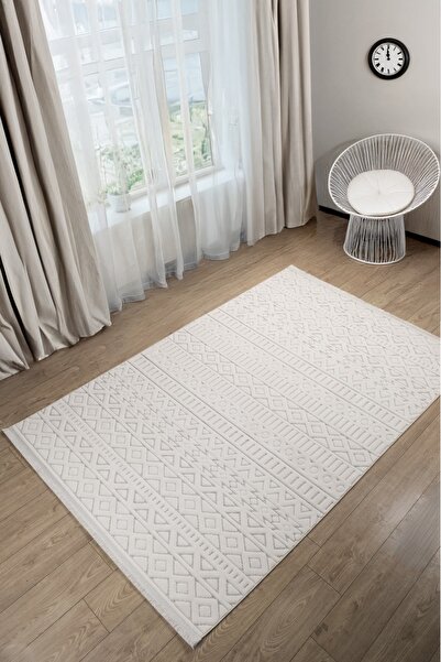 Kupon Halı Krem Sisal Bukle Dokuma Makine Halısı Saçaklı Salon Oturma Çocuk O...