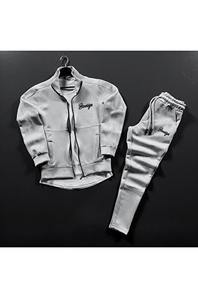 NOFLEN Brooklyn Elyazı Printed Scuba Zippered Black Tracksuit Set