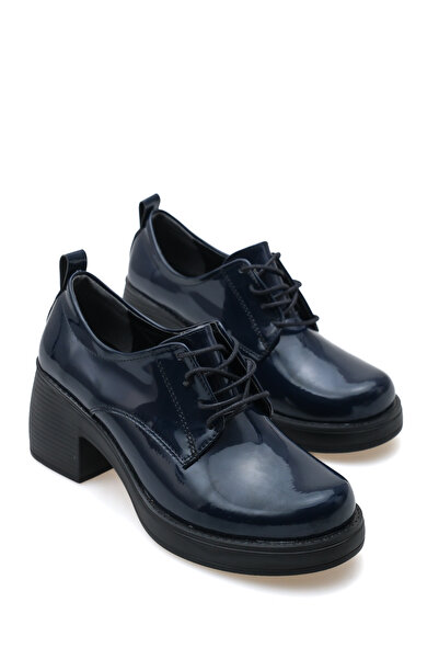 Shoesers Жіночі спеціальні дизайнерські туфлі на платформі з каблуком, витонченими шнурками, синього кольору, з лакованої шкіри, мокасини