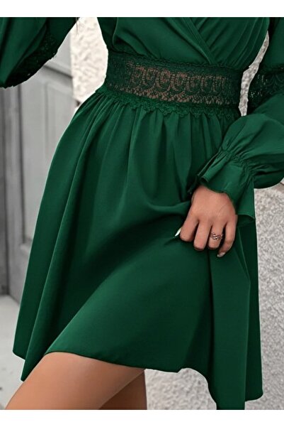 Giyimodam Women's Long Sleeve Double-Breasted Collared Lace Zipper Detailed Mini Imported Crepe Dress