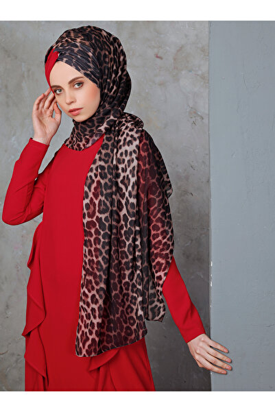 Differenza Leopar Düğüm Şifon Şal - Kırmızı