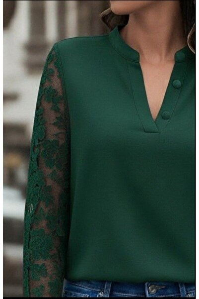 JANES Women's Long Sleeve Collar Button Detail Laced Sleeve Crepe Blouse