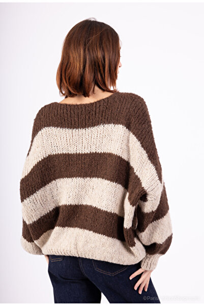 FASHION Handmade Chunky Knit Striped Cardigan with 3 Knots, V-Neck - Chocolate