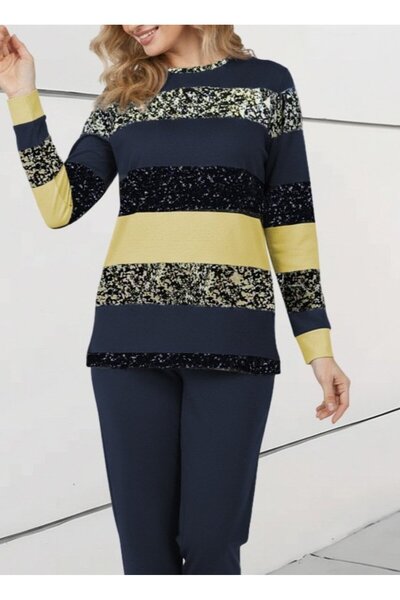 JANES Women's Long Sleeve Crew Neck Striped Pattern Two Thread Blouse and Pants Two-Piece Set