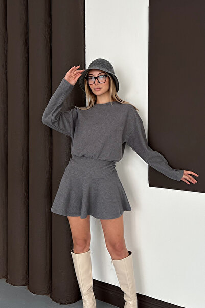 MOZENA Bisiklet Yaka Drapeli Selanik Kumaş Mini Elbise