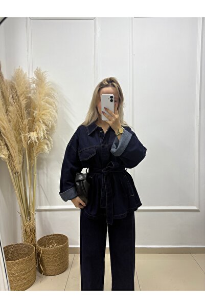 LİSAA BUTİK Tie-Up Dark Blue Jacket Pants Denim Set