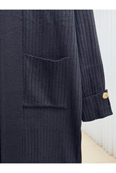 MİHRA STORE Alicia Double Pocket Sleeve Gold Button Corded Fabric Long Cardigan-Zi̇5212 Black