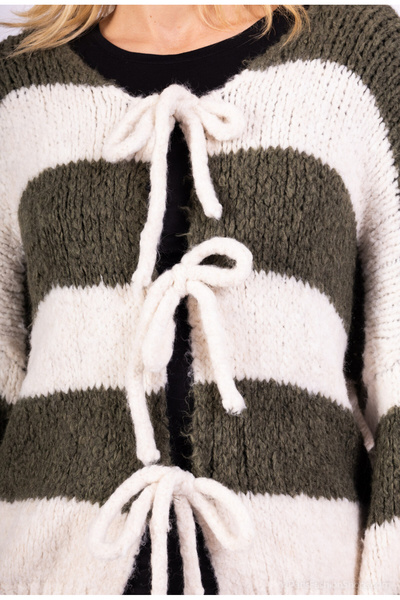 FASHION Handmade Chunky Knit Striped Cardigan with 3 Knots, V-Neck – Khaki