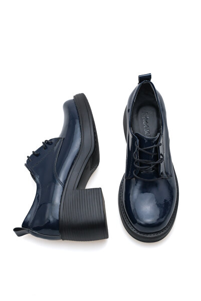 Shoesers Жіночі спеціальні дизайнерські туфлі на платформі з каблуком, витонченими шнурками, синього кольору, з лакованої шкіри, мокасини