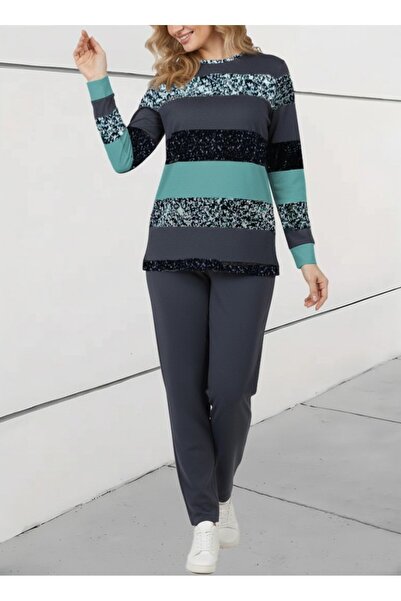 JANES Women's Long Sleeve Crew Neck Striped Pattern Two Thread Blouse and Pants Two-Piece Set