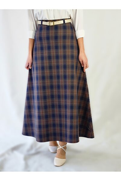 YAXİ Belt Detail Maxi Size Loose Plaid Woven Skirt