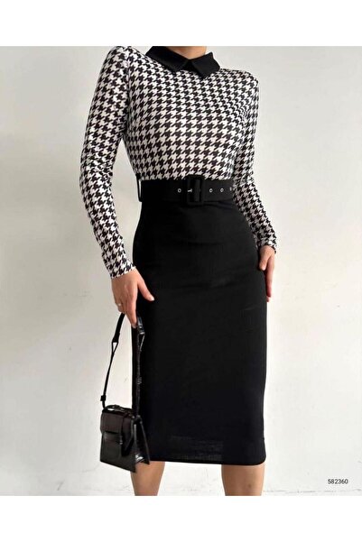 Modafeminen Stretchy Crepe Fabric Crowbar Peter Pan collar Coated Belt Detailed Evening Dress Midi Length Dress 582360 Crow's Foot