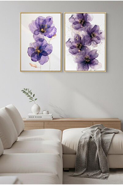 Linacci Set of 2 Gold Metal Frame Purple Magenta Flower Glass Painting Set