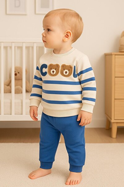 dinamik çocuk Baby Boy Cool Teddy Bear Süzene Embroidered Transitional 2-Thread Top and Bottom 2-Piece Set 3-6-9-12 Months Old
