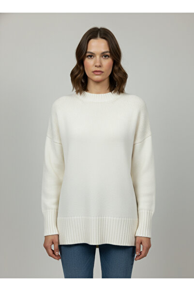 nacar çarşı Pulover de damă crem, cu gât turnat, casual, din tricotaj