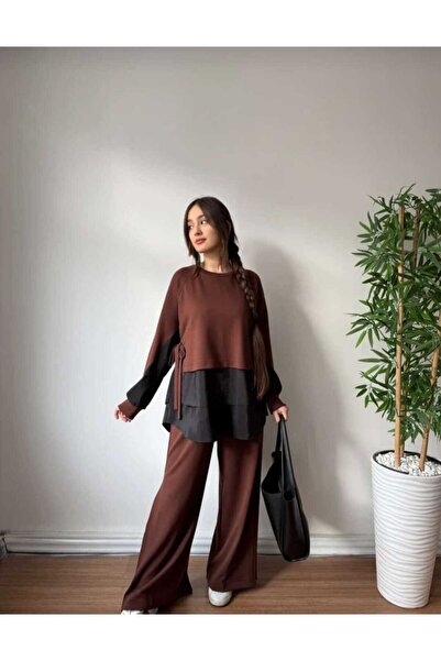 QUAWEAR Crew Neck Side Tie Parachute Fabric Layered Tunic and Side Gusseted Pants Knitted Fabric Set