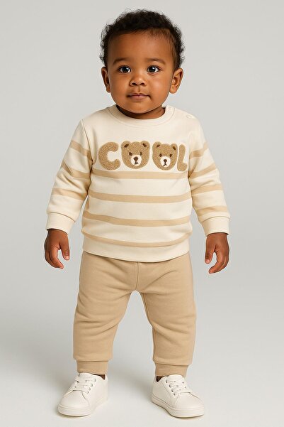 dinamik çocuk Baby Boy Cool Teddy Bear Süzene Embroidered Transitional 2-Thread Top and Bottom 2-Piece Set 3-6-9-12 Months Old