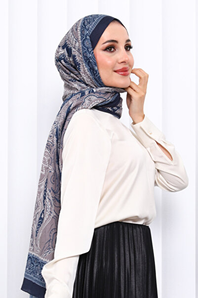 İmajButik Navy Blue Patterned Cashmere Shawl
