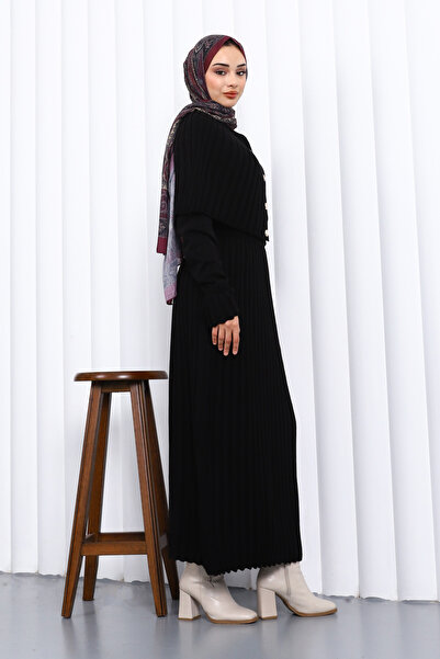 İmajButik Black Cape Detailed Long Knit Dress