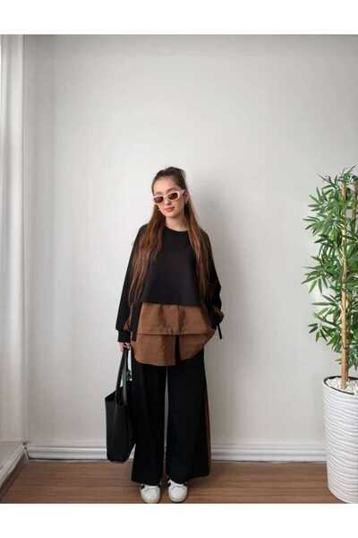 QUAWEAR Crew Neck Side Tie Parachute Fabric Layered Tunic and Side Gusseted Pants Knitted Fabric Set