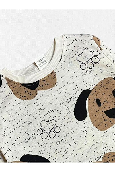 Fil Kids Boys' 100% Cotton White Color Doggy Paw Patterned Long Sleeve Fleece-Lined Winter Pajamas Set