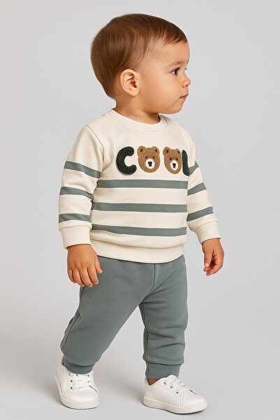 dinamik çocuk Baby Boy Cool Teddy Bear Süzene Embroidered Transitional 2-Thread Top and Bottom 2-Piece Set 3-6-9-12 Months Old