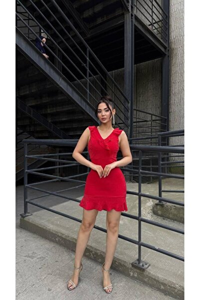 Modafeminen Glitter Crepe Dress with Thick Straps, Ruffled Neckline and Hem R...