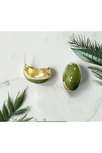 ega collection Zeytin Yeşili Gold Detaylı Bombeli Bohem Tarz Küpe