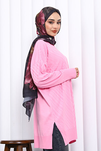 İmajButik Pink Crew Neck Cold Thread Knitwear Tunic
