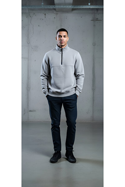 Kaşif Stand-Up Collar Half Zipper Closure Cotton 3-Ply Yarn Fleece-Lined Eats...