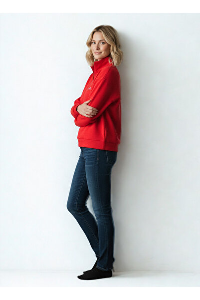 HepsitrentStore Red Color Zippered Collar Long Sleeve Sweatshirt