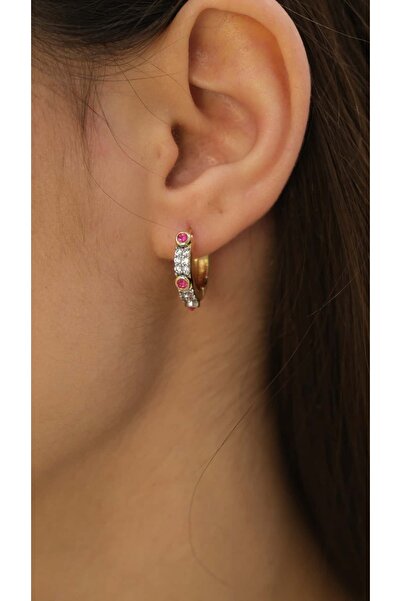 Jerie أقراط دائرية صغيرة بتفاصيل حجر الزركون باللون العنابي