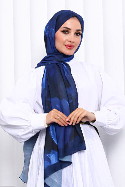 İmajButik Navy Blue Patterned Soft Digital Shawl