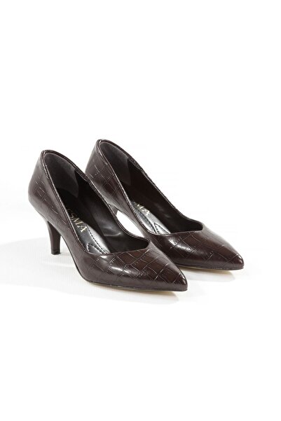 Y ESMA Stiletto Brown Croco Leather Pointed Toe Closed 5 cm Thin Heel V-Toe New Season